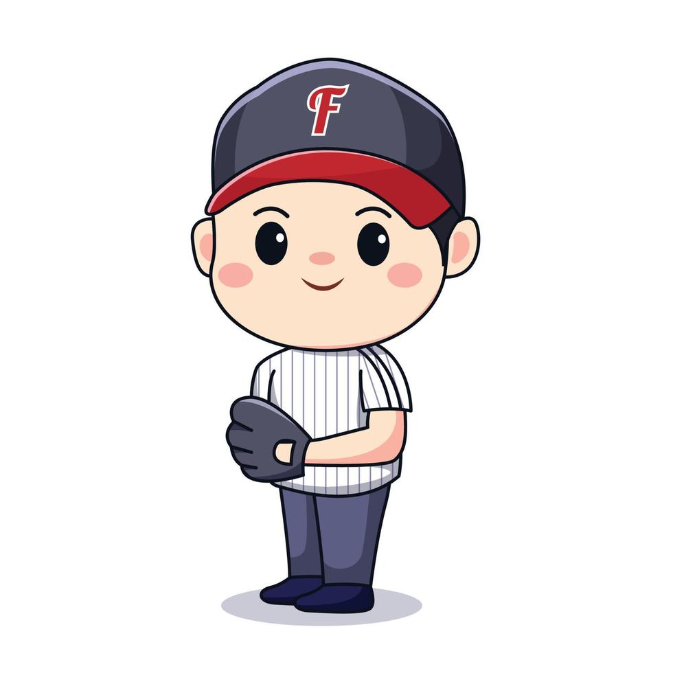 Cute boy playing baseball kawaii chibi character design vector