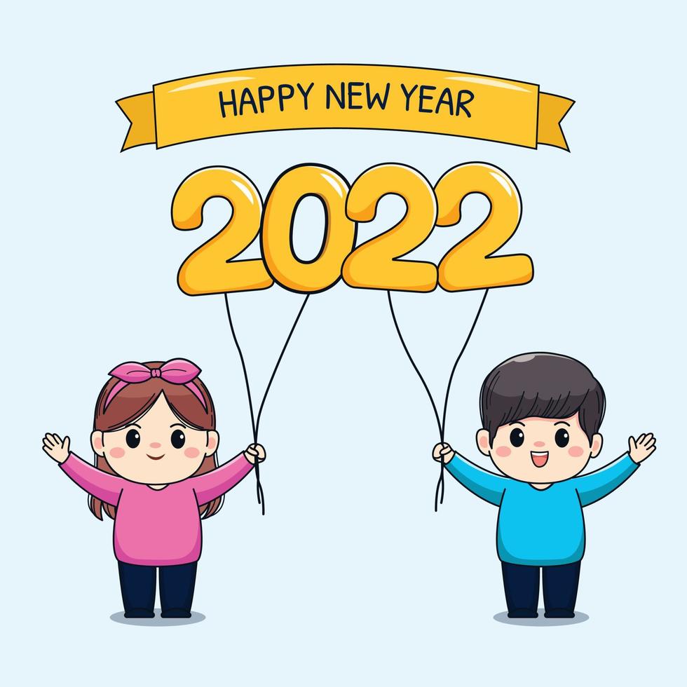 Cute boy and girl greeting happy new year 2022 kawaii character design vector