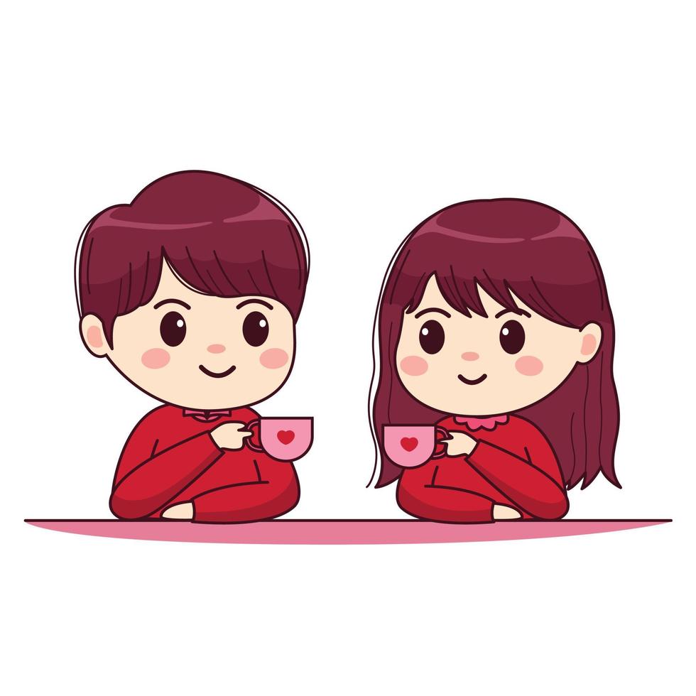 Valentines day cute couple kawaii chibi character design vector