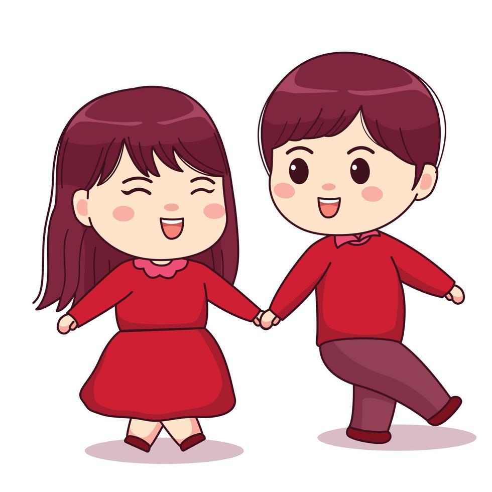 valentines day boy holding his girls hand cute kawaii chibi character design vector