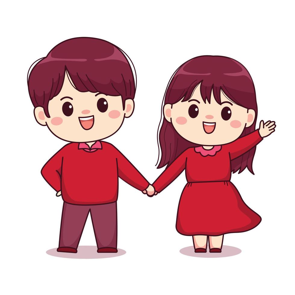 valentines day boy holding his girls hand cute kawaii chibi character design vector