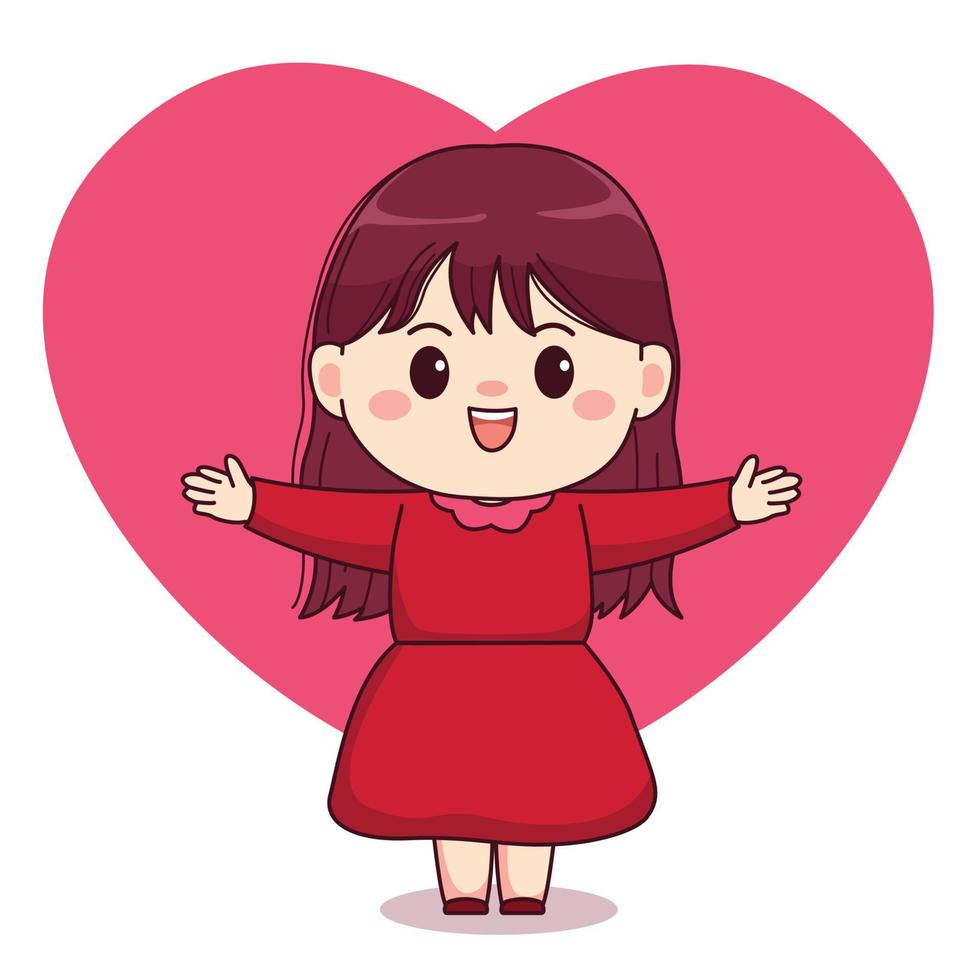 Valentine day love sign girl with red dress cute kawaii chibi character design vector