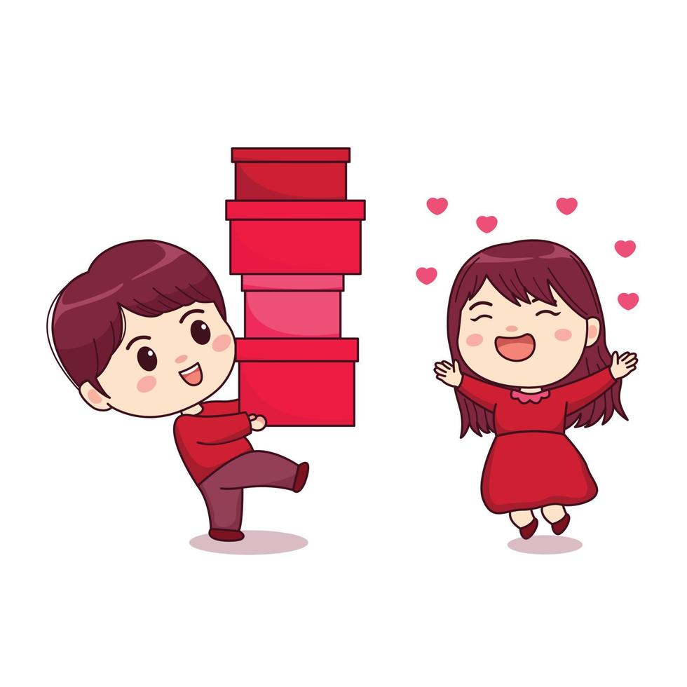 Valentines day cute couple kawaii chibi character design vector