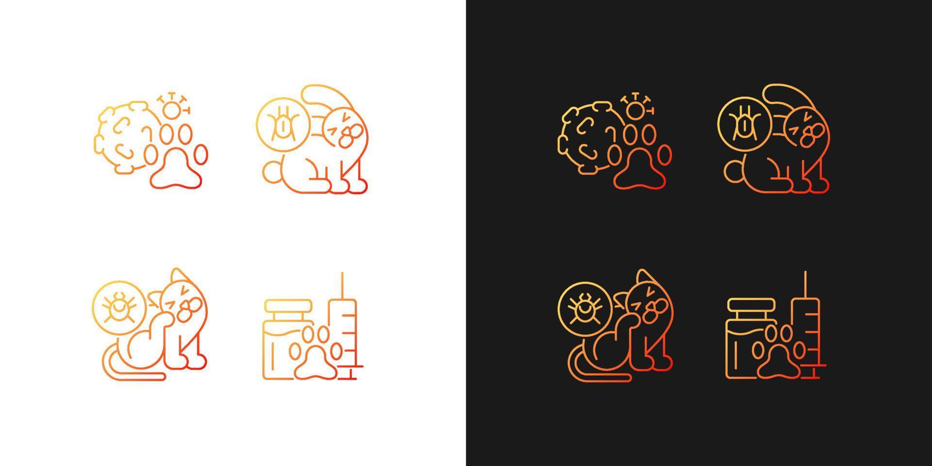Pet parasites gradient icons set for dark and light mode. Infection carriers. Fleas and ticks. Thin line contour symbols bundle. Isolated vector outline illustrations collection on black and white