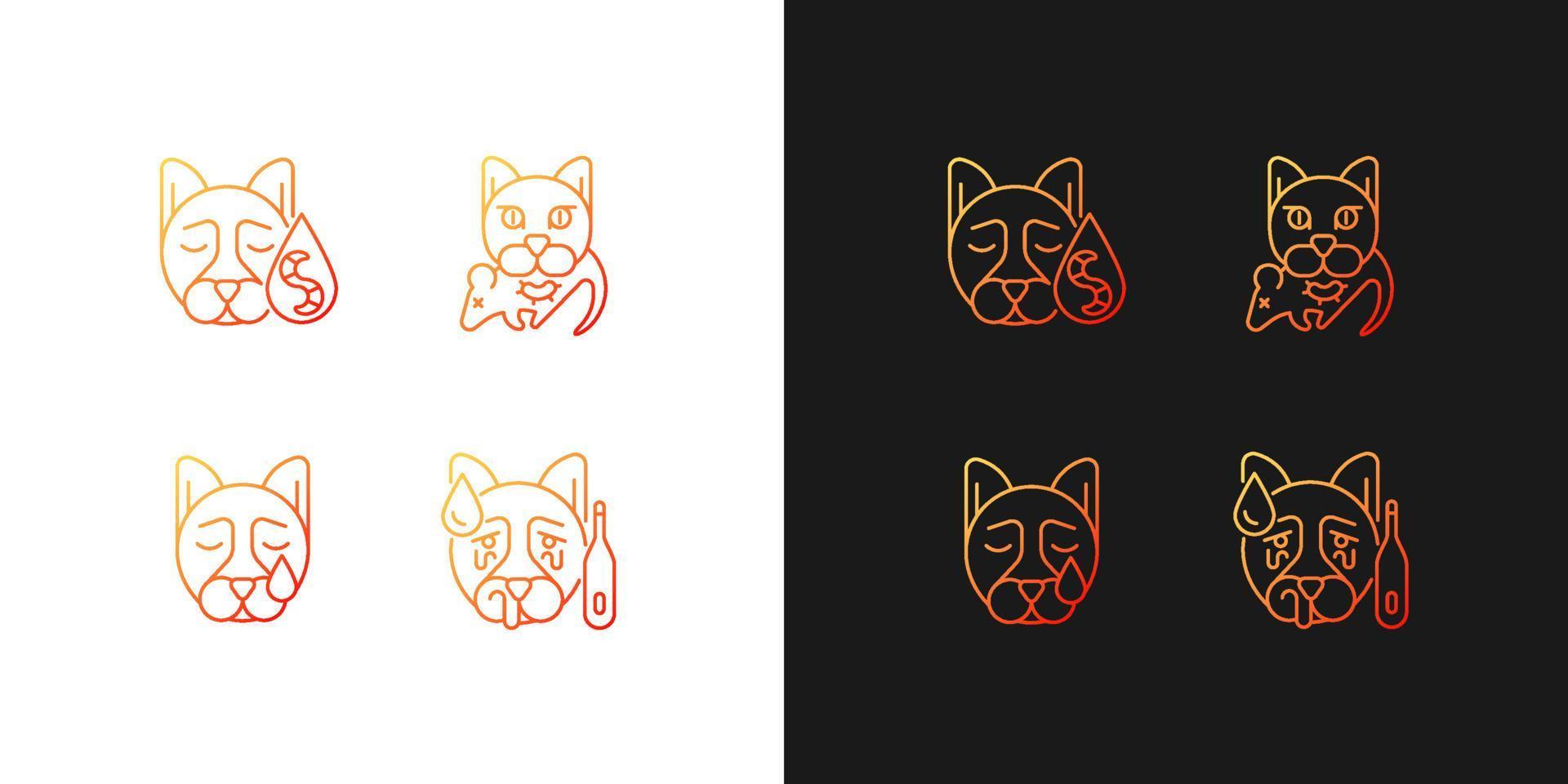 Pet infections gradient icons set for dark and light mode. Parasite and virus caused diseases. Thin line contour symbols bundle. Isolated vector outline illustrations collection on black and white