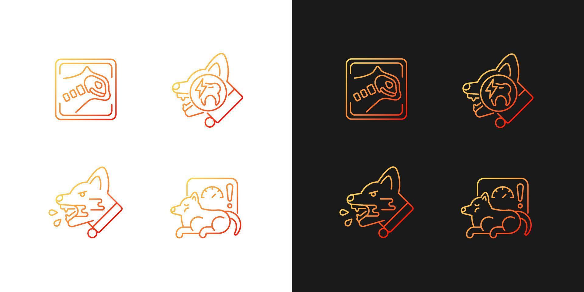Pet treatment gradient icons set for dark and light mode. Domestic animals illness. Thin line contour symbols bundle. Isolated vector outline illustrations collection on black and white