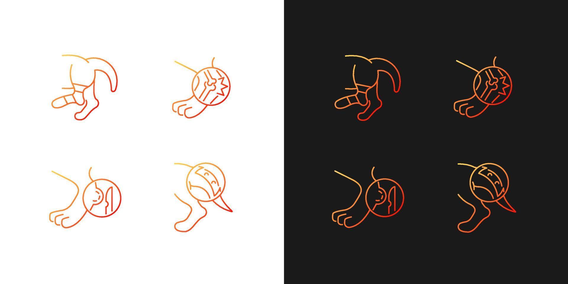 Animal injuries gradient icons set for dark and light mode. Pet diseases. Limb sprains and trauma. Thin line contour symbols bundle. Isolated vector outline illustrations collection on black and white