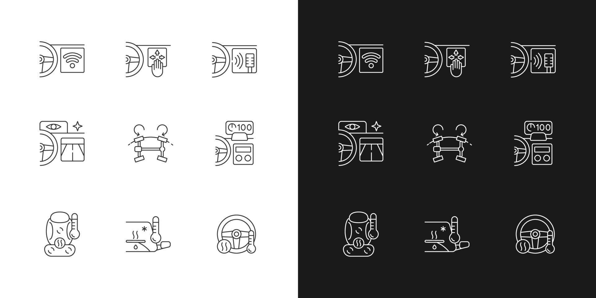 Sports car accessories linear icons set for dark and light mode. Innovative vehicle tech features. Customizable thin line symbols. Isolated vector outline illustrations. Editable stroke