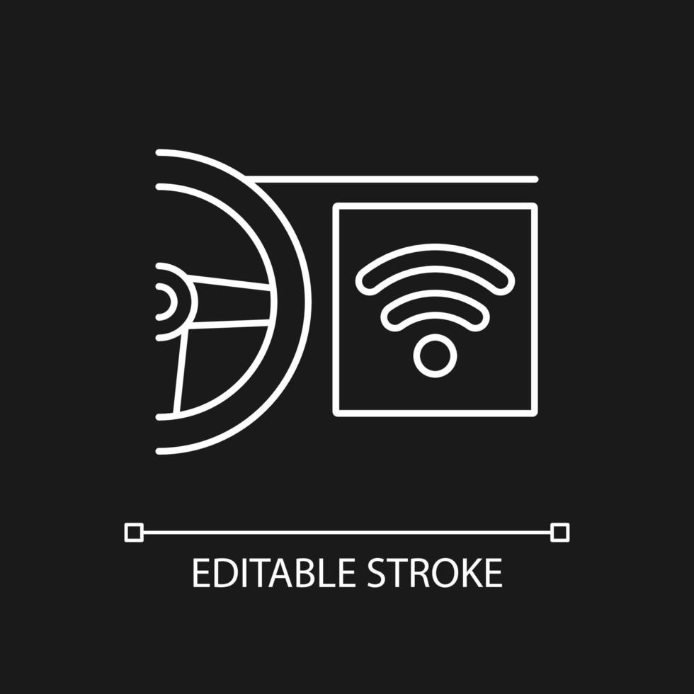 Built in wifi hotspot white linear icon for dark theme. Car with internet connection capability. Thin line customizable illustration. Isolated vector contour symbol for night mode. Editable stroke