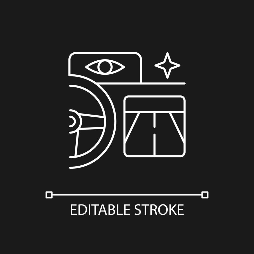 Built in night vision white linear icon for dark theme. Enhancing driver vision at nighttime. Thin line customizable illustration. Isolated vector contour symbol for night mode. Editable stroke