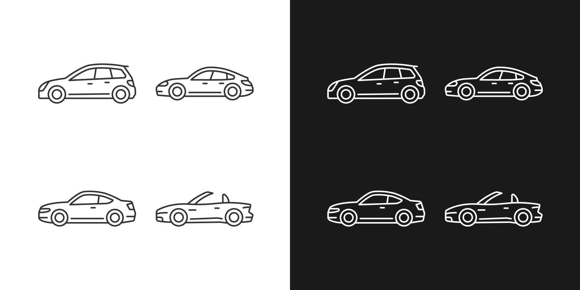 prácticos iconos lineales de coches deportivos establecidos para el modo oscuro y claro. modelo hatchback. sedán deportivo. automóvil cupé. símbolos de línea fina personalizables. ilustraciones de contorno de vector aislado. trazo editable