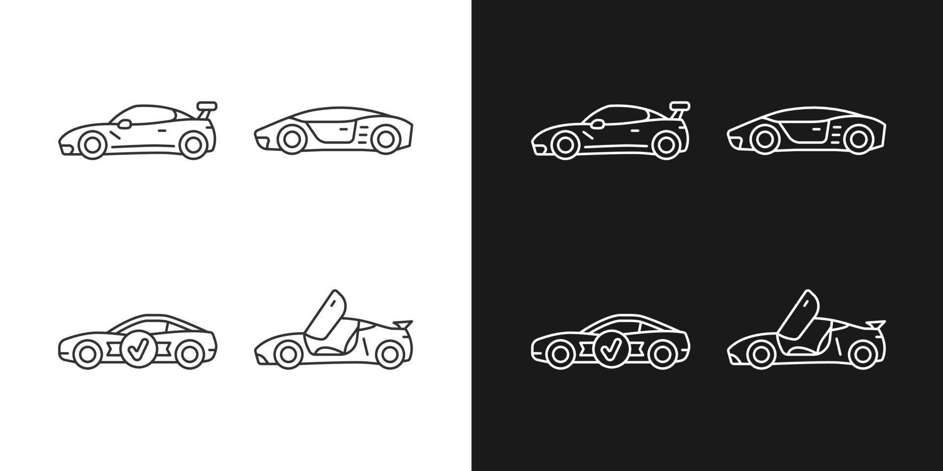 Iconos lineales de modelos de autos de carrera configurados para modo oscuro y claro. Vehículo personalizado. Auto profesional de alta calificación. símbolos de línea fina personalizables. ilustraciones de contorno de vector aislado. trazo editable