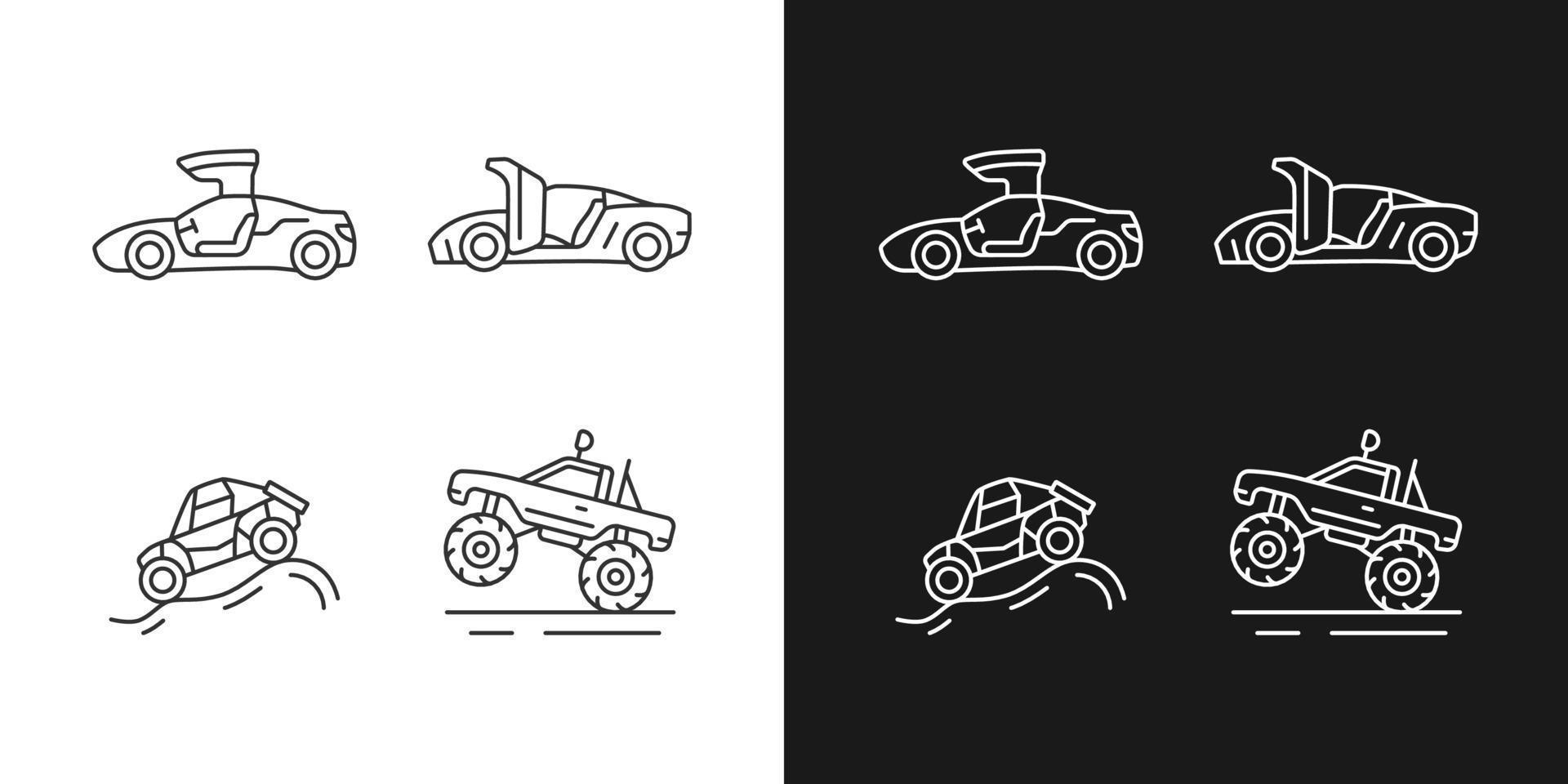 Driving specially-modified vehicles linear icons set for dark and light mode. Hinge mechanism. Off road racing. Customizable thin line symbols. Isolated vector outline illustrations. Editable stroke
