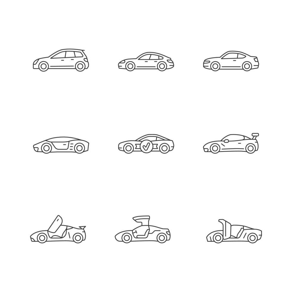 Conjunto de iconos lineales de modelos de coches deportivos. diseños de puertas no estándar. experiencia de conducción a alta velocidad. símbolos de contorno de línea fina personalizables. ilustraciones de contorno de vector aislado. trazo editable