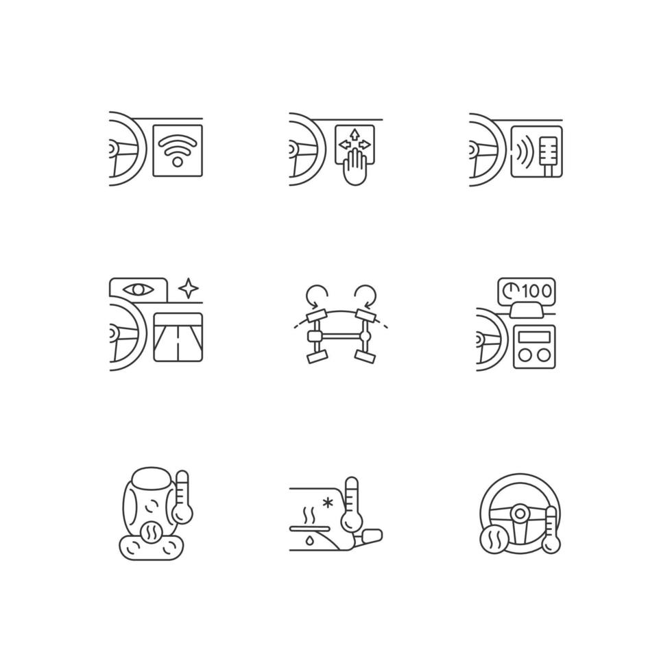 Sports car accessories linear icons set. Built-in functions in auto. Innovative vehicle tech features. Customizable thin line contour symbols. Isolated vector outline illustrations. Editable stroke