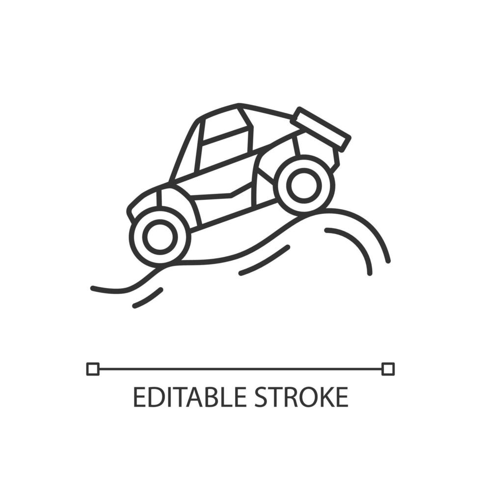 Off road racing linear icon. Driving modified vehicle. Racing along improvised routes. Thin line customizable illustration. Contour symbol. Vector isolated outline drawing. Editable stroke