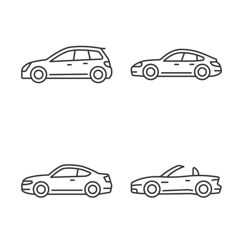 prácticos coches deportivos iconos lineales establecidos. modelo hatchback. sedán deportivo. automóvil cupé. cabriolé. símbolos de contorno de línea fina personalizables. ilustraciones de contorno de vector aislado. trazo editable