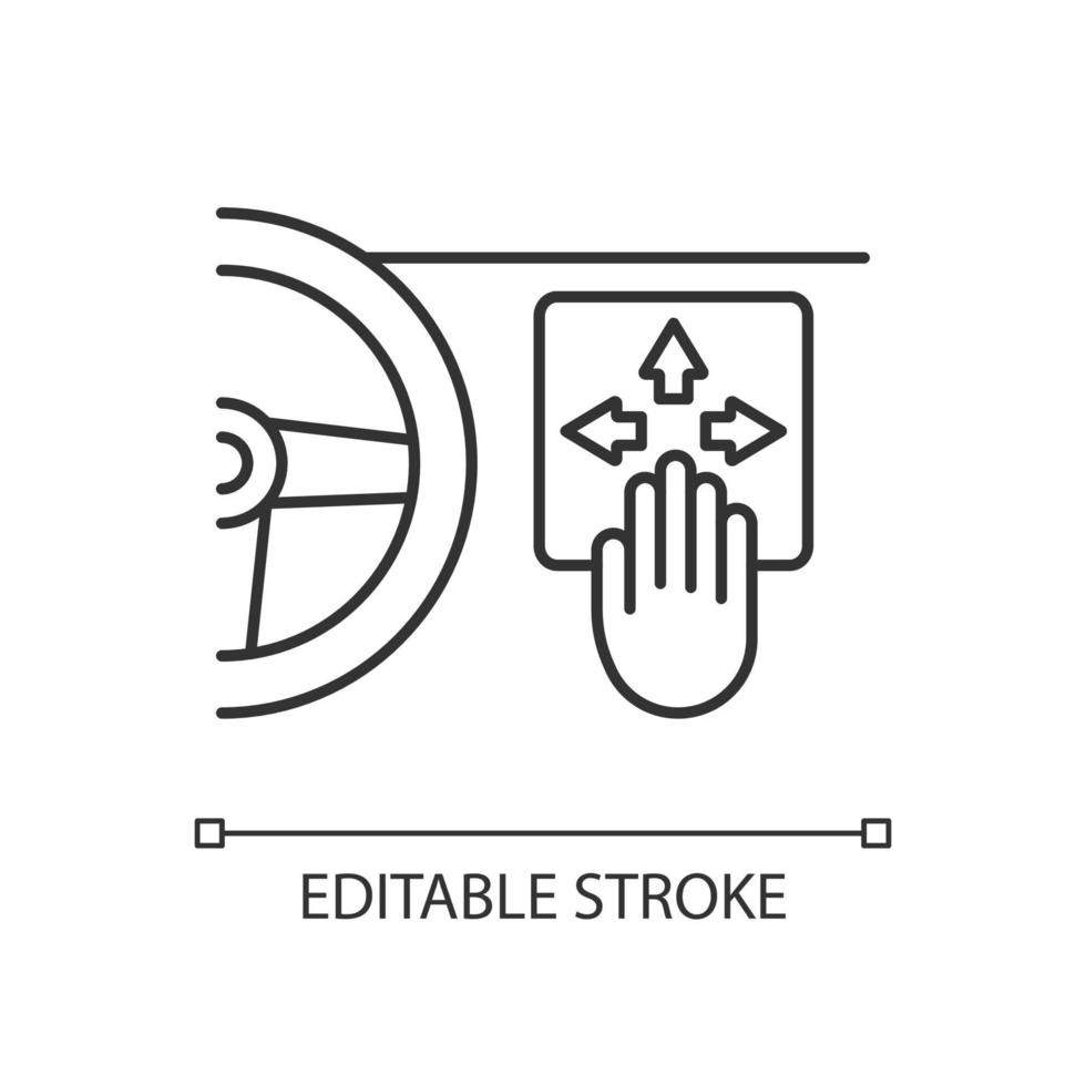 Gesture control technology linear icon. Recognize hand movement. In-car user interface. Thin line customizable illustration. Contour symbol. Vector isolated outline drawing. Editable stroke