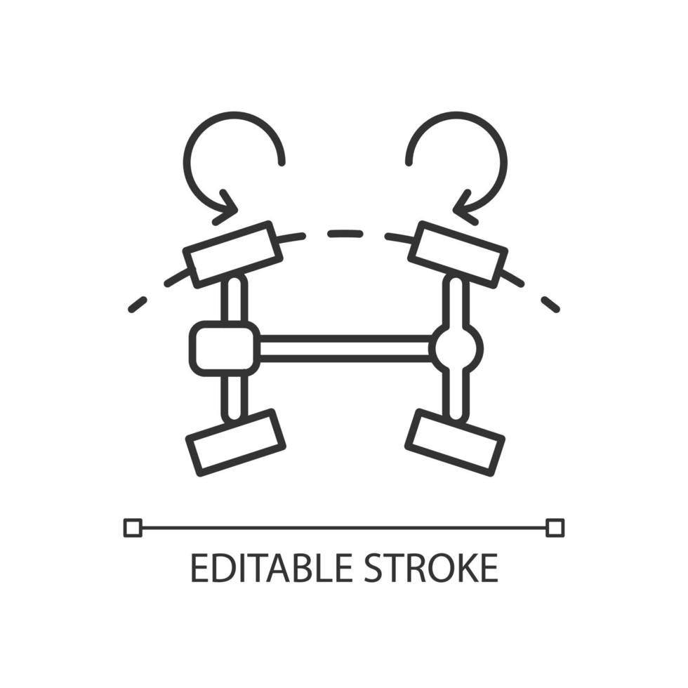 Four wheel steering system linear icon. Innovative feature for car. Smooth driving experience. Thin line customizable illustration. Contour symbol. Vector isolated outline drawing. Editable stroke