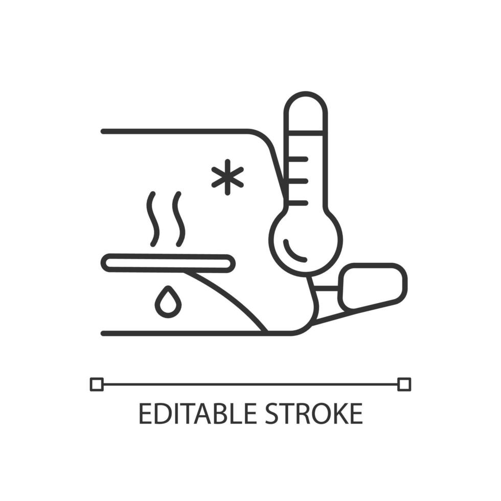 Heated wiper blades linear icon. Melting ice and snow feature. Defrosting car windshield. Thin line customizable illustration. Contour symbol. Vector isolated outline drawing. Editable stroke