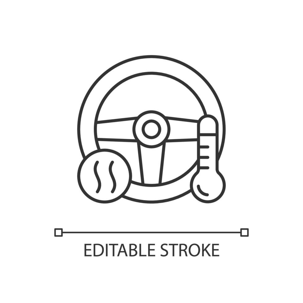 Heated steering wheel linear icon. Providing comfort to driver. Keeping hands warm in car. Thin line customizable illustration. Contour symbol. Vector isolated outline drawing. Editable stroke