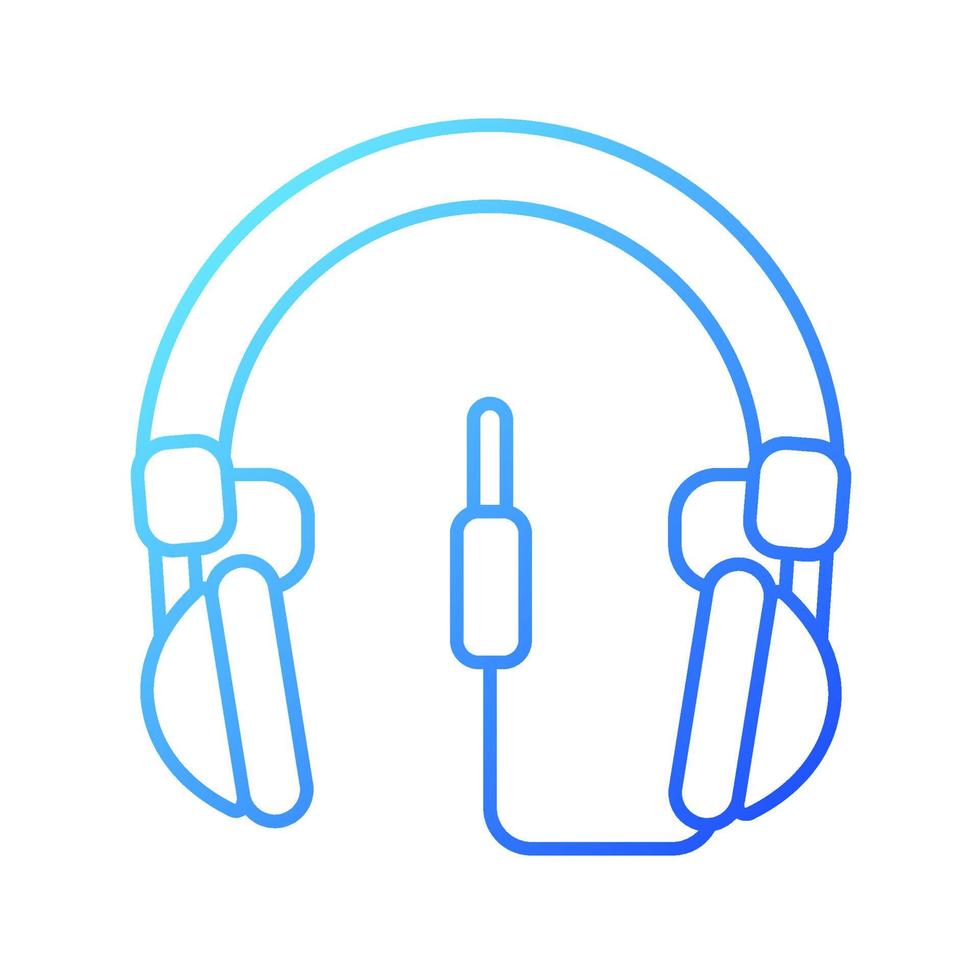 Wired circumaural headset gradient linear vector icon. Over ear headset for gaming. Device connected to computer, phone. Thin line color symbol. Modern style pictogram. Vector isolated outline drawing
