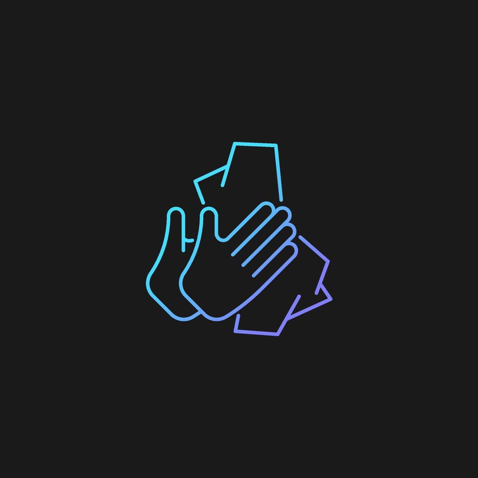 Dry hands with tissue gradient vector icon for dark theme. Wiping off dirt, germs from palms. Use antibacterial wipes. Thin line color symbol. Modern style pictogram. Vector isolated outline drawing