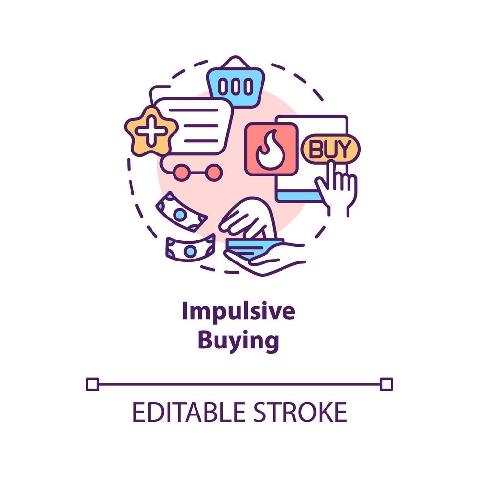 Impulsive buying concept icon. Decide to buy just before buying. Shopping addiction. Unplanned purchasing abstract idea thin line illustration. Vector isolated outline color drawing. Editable stroke