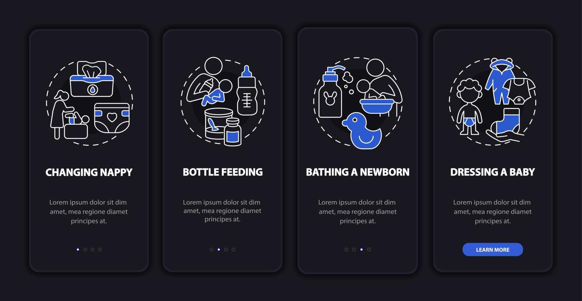 Newborn nursing onboarding mobile app page screen. Mother looking after newborn walkthrough 4 steps graphic instructions with concepts. UI, UX, GUI vector template with linear night mode illustrations