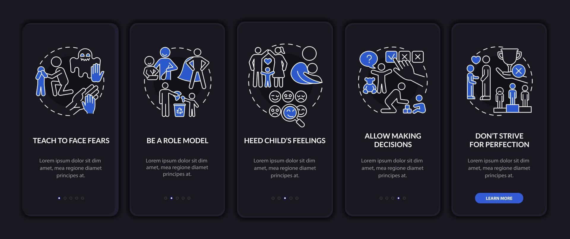 mostrando la pantalla de la página de la aplicación móvil de incorporación de consejos. Tutorial de salud mental infantil Instrucciones gráficas de 5 pasos con conceptos. ui, ux, plantilla de vector de interfaz gráfica de usuario con ilustraciones lineales en modo nocturno