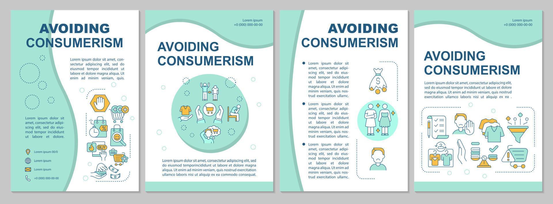 Avoiding consumerism blue brochure template. Excessive consumption. Flyer, booklet, leaflet print, cover design with linear icons. Vector layouts for presentation, annual reports, advertisement pages