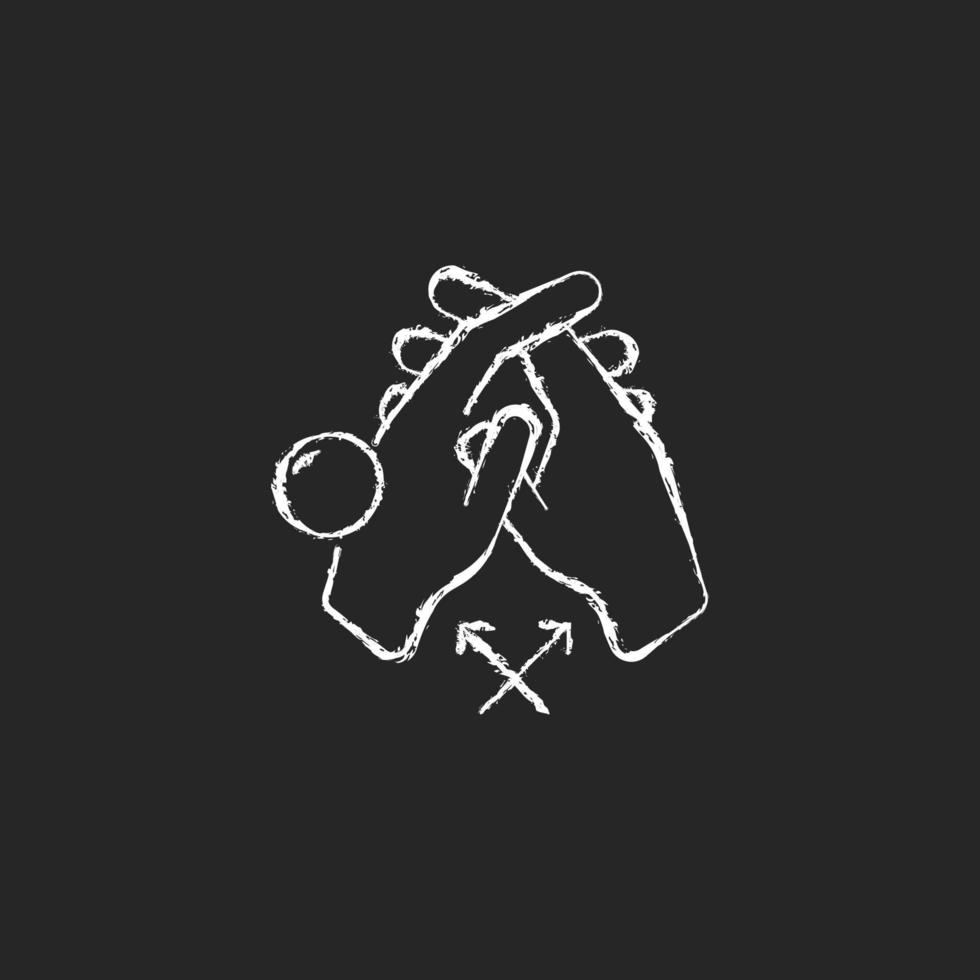 Interlink fingers chalk white icon on dark background. Removing dirt between fingers. Cleaning under fingernails. Washing with running water. Isolated vector chalkboard illustration on black