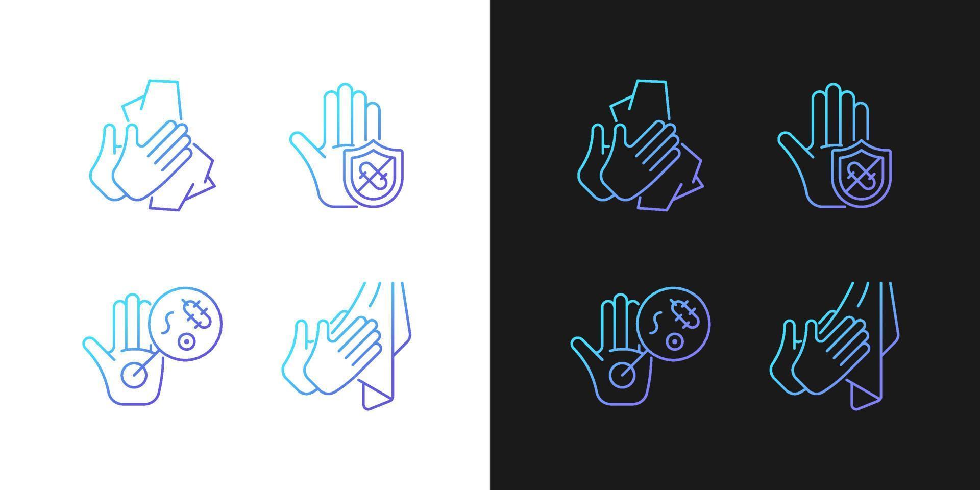 Infection prevention gradient icons set for dark and light mode. Wiping off dirt, germs. Thin line contour symbols bundle. Isolated vector outline illustrations collection on black and white