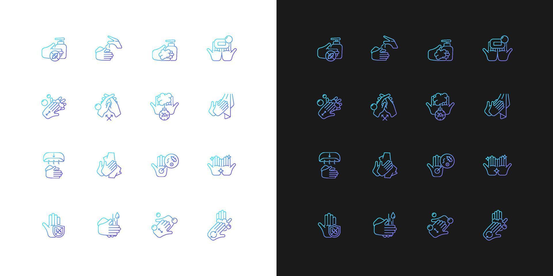 Keeping hands clean gradient icons set for dark and light mode. Washing with soap and water. Thin line contour symbols bundle. Isolated vector outline illustrations collection on black and white