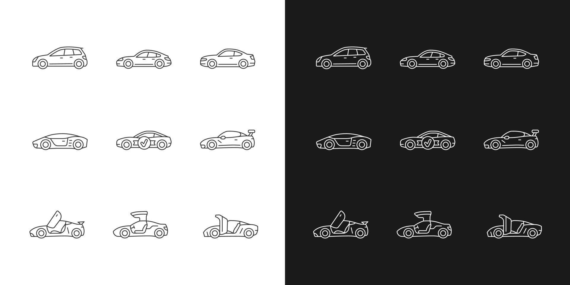 Sports car models linear icons set for dark and light mode. Non-standard door designs. High-speed driving. Customizable thin line symbols. Isolated vector outline illustrations. Editable stroke