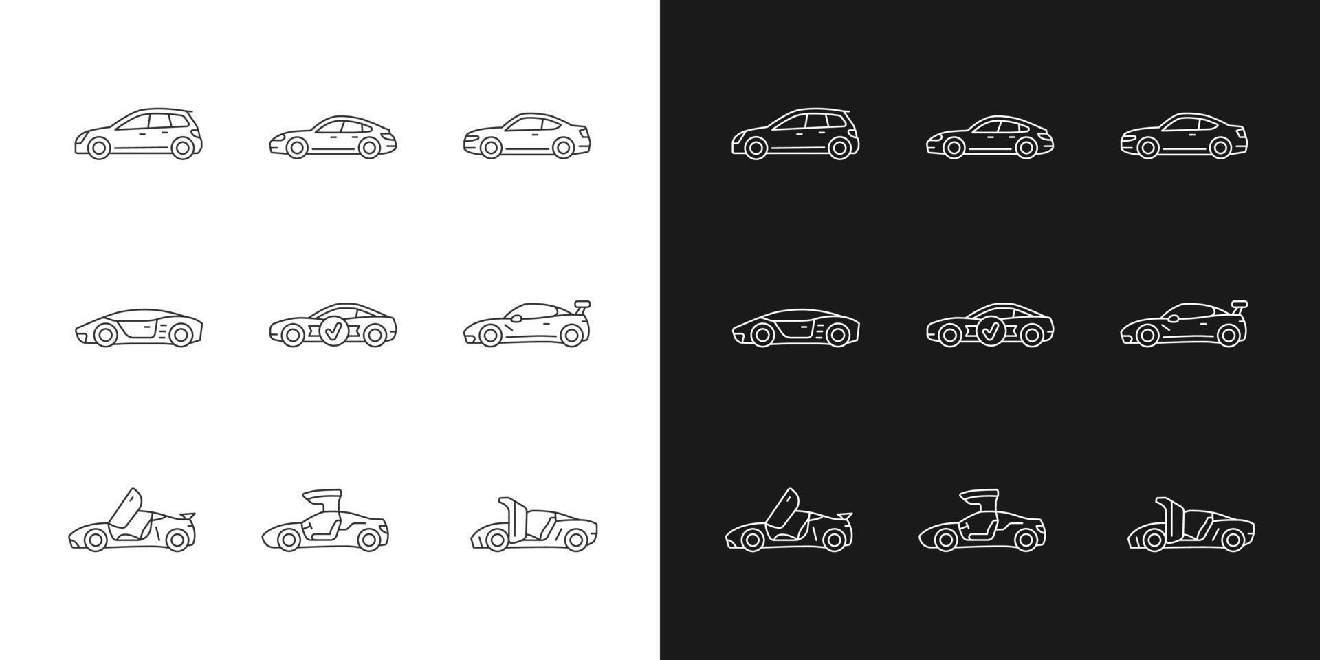 Iconos lineales de modelos de coches deportivos establecidos para el modo oscuro y claro. diseños de puertas no estándar. conducción a alta velocidad. símbolos de línea fina personalizables. ilustraciones de contorno de vector aislado. trazo editable