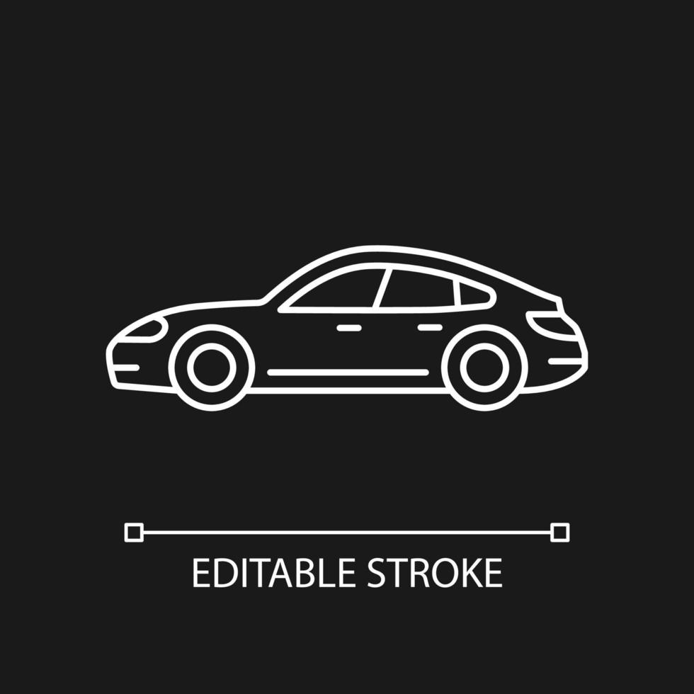 Sports sedan white linear icon for dark theme. Luxury passenger vehicle. Four-door sports auto. Thin line customizable illustration. Isolated vector contour symbol for night mode. Editable stroke