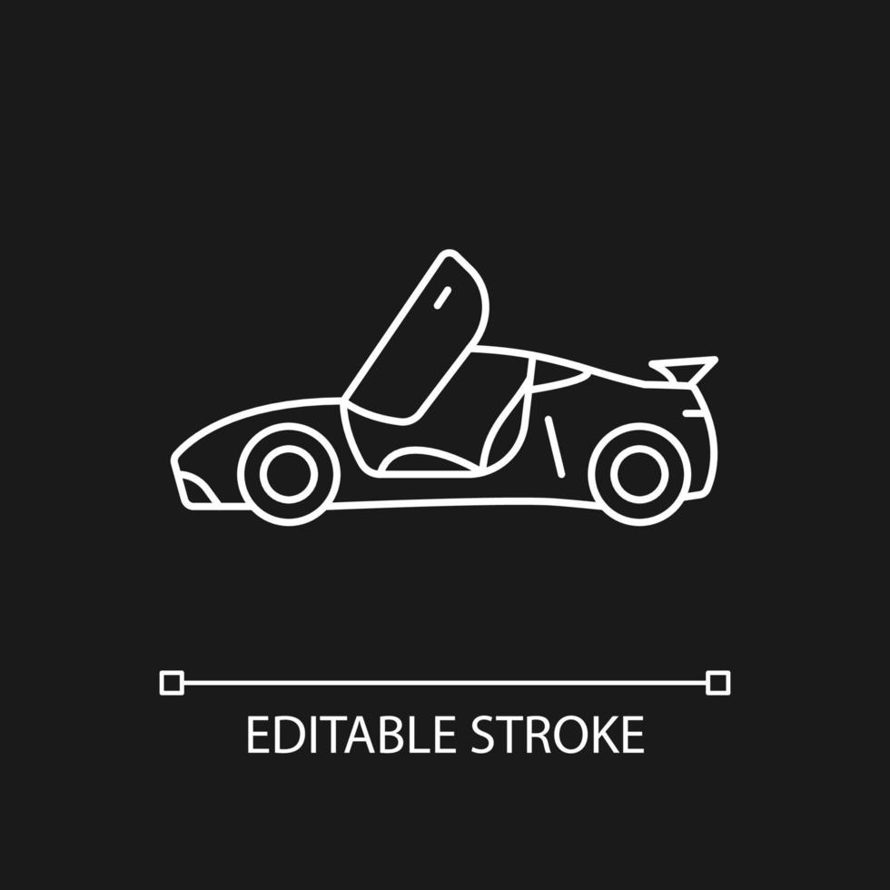 Car with butterfly doors white linear icon for dark theme. High-performance sports vehicle. Thin line customizable illustration. Isolated vector contour symbol for night mode. Editable stroke
