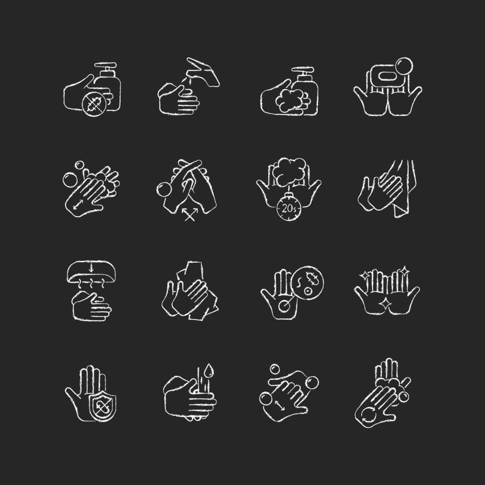 Keeping hands clean chalk white icons set on dark background. Washing with soap and water. Remove pathogenic microorganisms. Personal hygiene routine. Isolated vector chalkboard illustrations on black