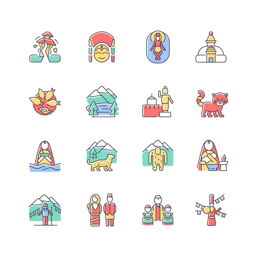 Conjunto de iconos de colores rgb de patrimonio cultural de Nepal. fiestas religiosas. atracciones turísticas. destino de montañismo. arquitectura. ilustraciones vectoriales aisladas. colección de dibujos de líneas rellenas simples vector