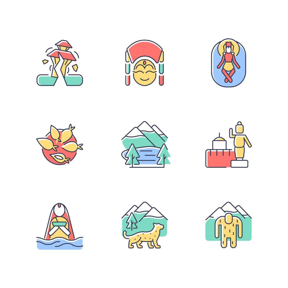 Culture of Nepal RGB color icons set. Trekking destination. Earthquake risk. Religious sites. Nepalese festivals. Yomari dumpling. Isolated vector illustrations. Simple filled line drawings collection