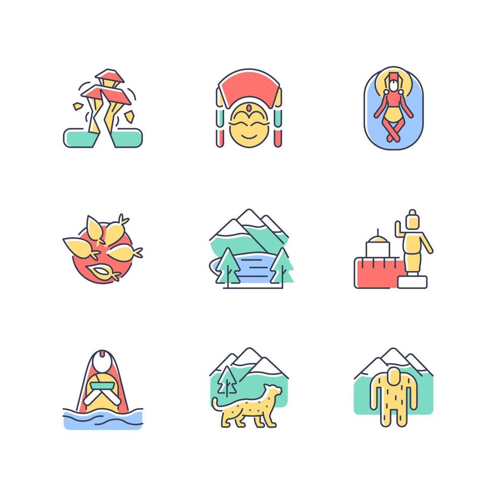 cultura de nepal conjunto de iconos de colores rgb. destino de trekking. riesgo de terremoto. sitios religiosos. festivales nepaleses. bola de masa yomari. ilustraciones vectoriales aisladas. colección de dibujos de líneas rellenas simples vector