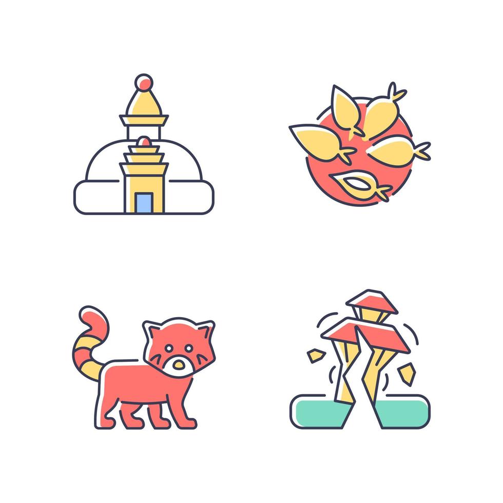 turismo en nepal conjunto de iconos de colores rgb. Estupa de swayambhu. cocina nepalesa. Panda rojo. riesgo de terremoto. templo de los monos. plato de yomari. ilustraciones vectoriales aisladas. colección de dibujos de líneas rellenas simples vector