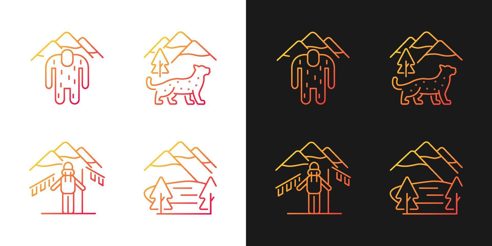 Mountaineering in Nepal gradient icons set for dark and light mode. Trekking peaks. Snow leopard. Thin line contour symbols bundle. Isolated vector outline illustrations collection on black and white