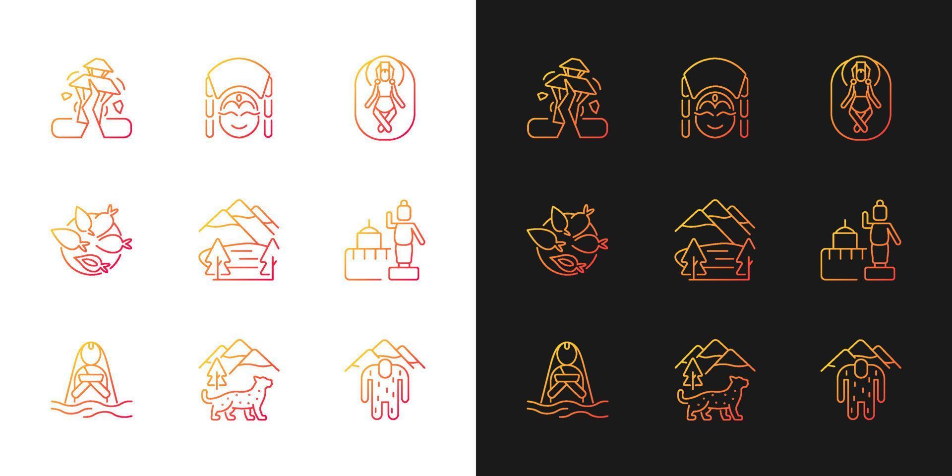 Culture of Nepal gradient icons set for dark and light mode. Trekking destination. Earthquake. Thin line contour symbols bundle. Isolated vector outline illustrations collection on black and white