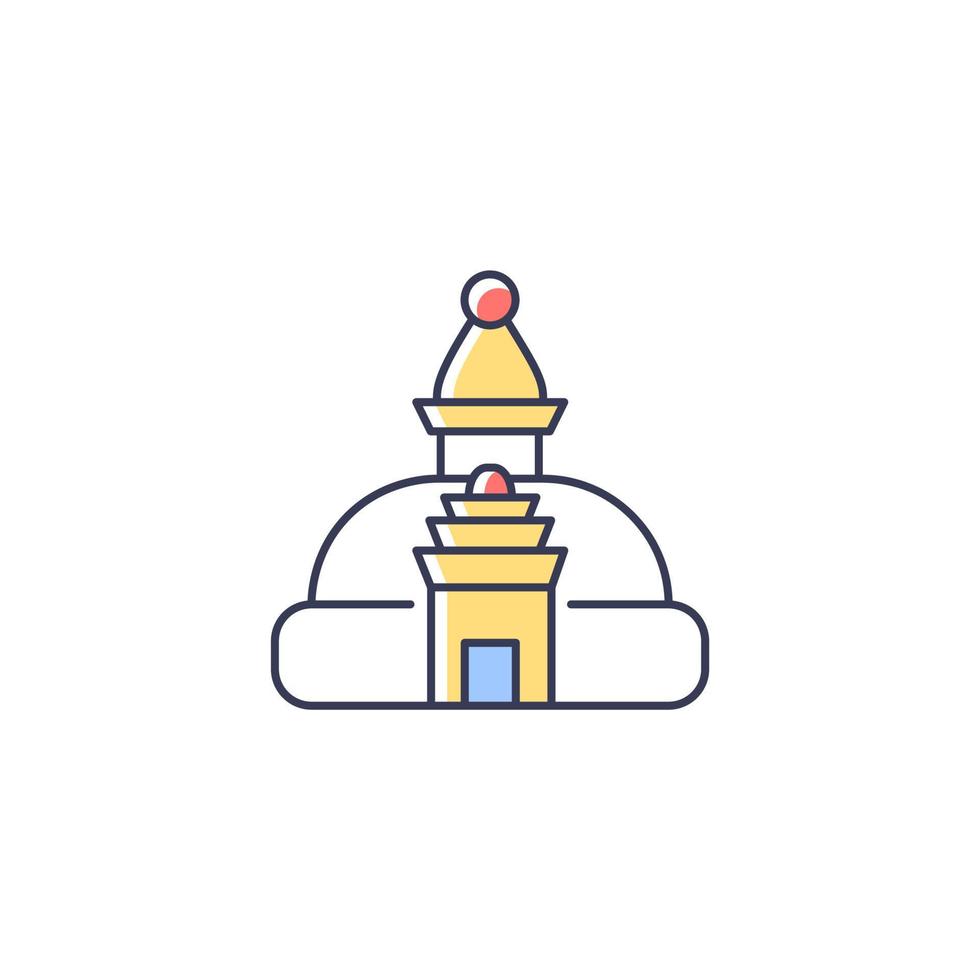 Swayambhu stupa RGB color icon. Monkey temple. Cubical structure with painted Buddha eyes. Nepalese holy shrine for prayer. Nepal architecture. Isolated vector illustration. Simple filled line drawing