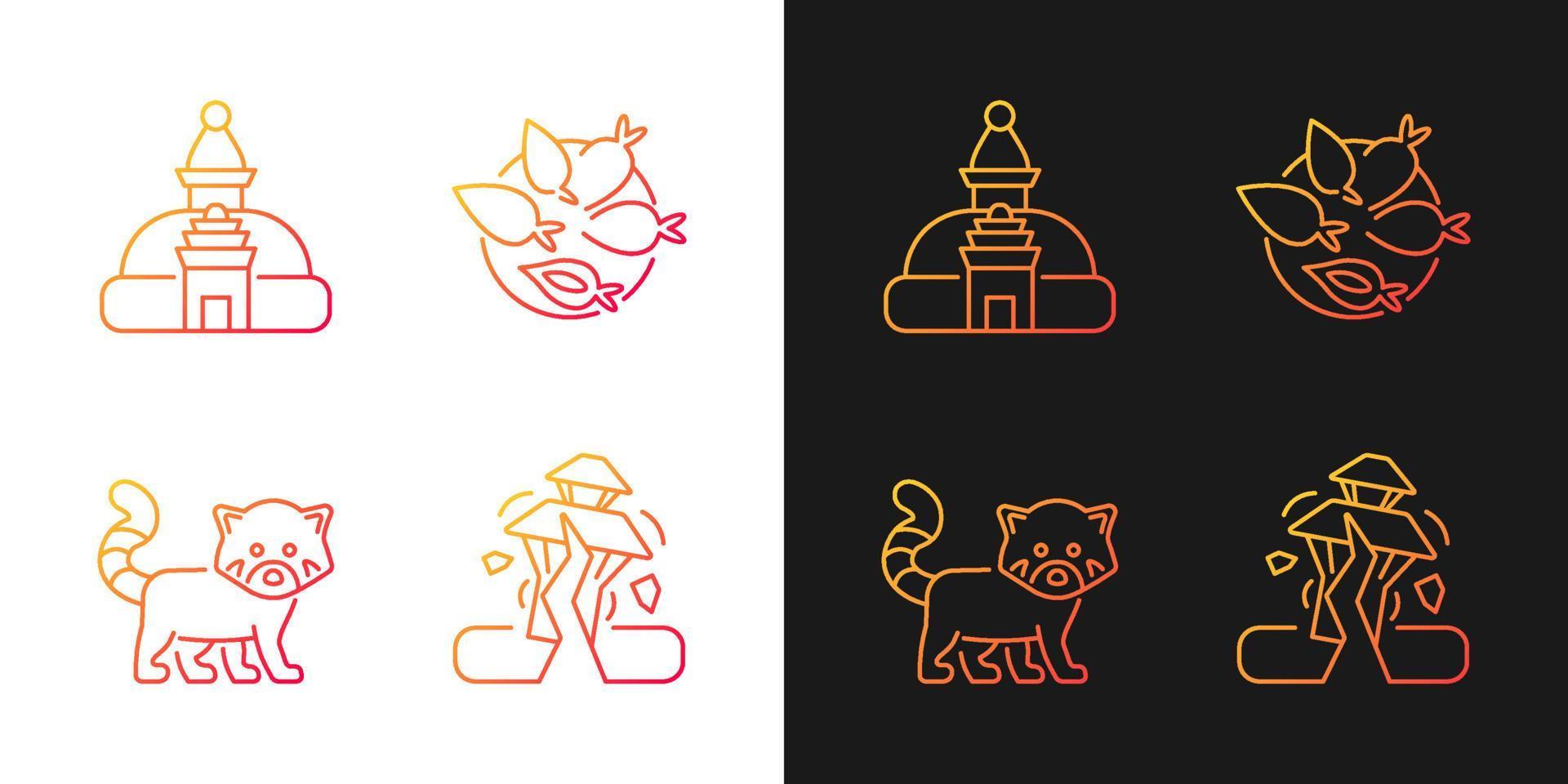 Tourism in Nepal gradient icons set for dark and light mode. Swayambhu stupa. Nepalese cuisine. Thin line contour symbols bundle. Isolated vector outline illustrations collection on black and white