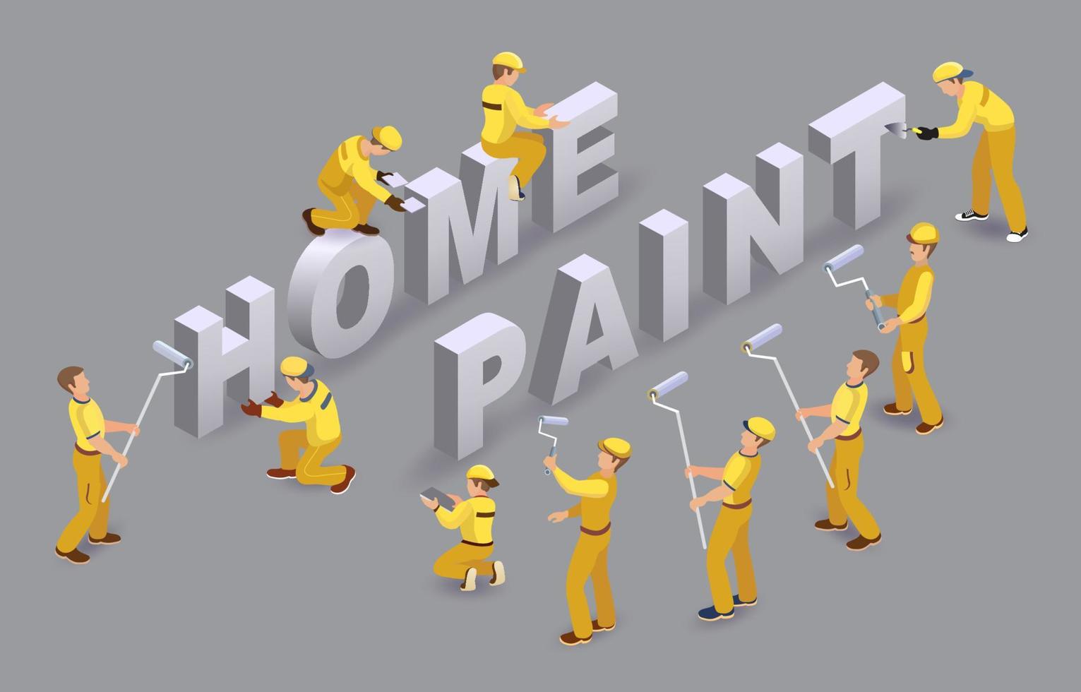 pintura para el hogar. los trabajadores instalan letras isométricas. equipo de constructores. vector