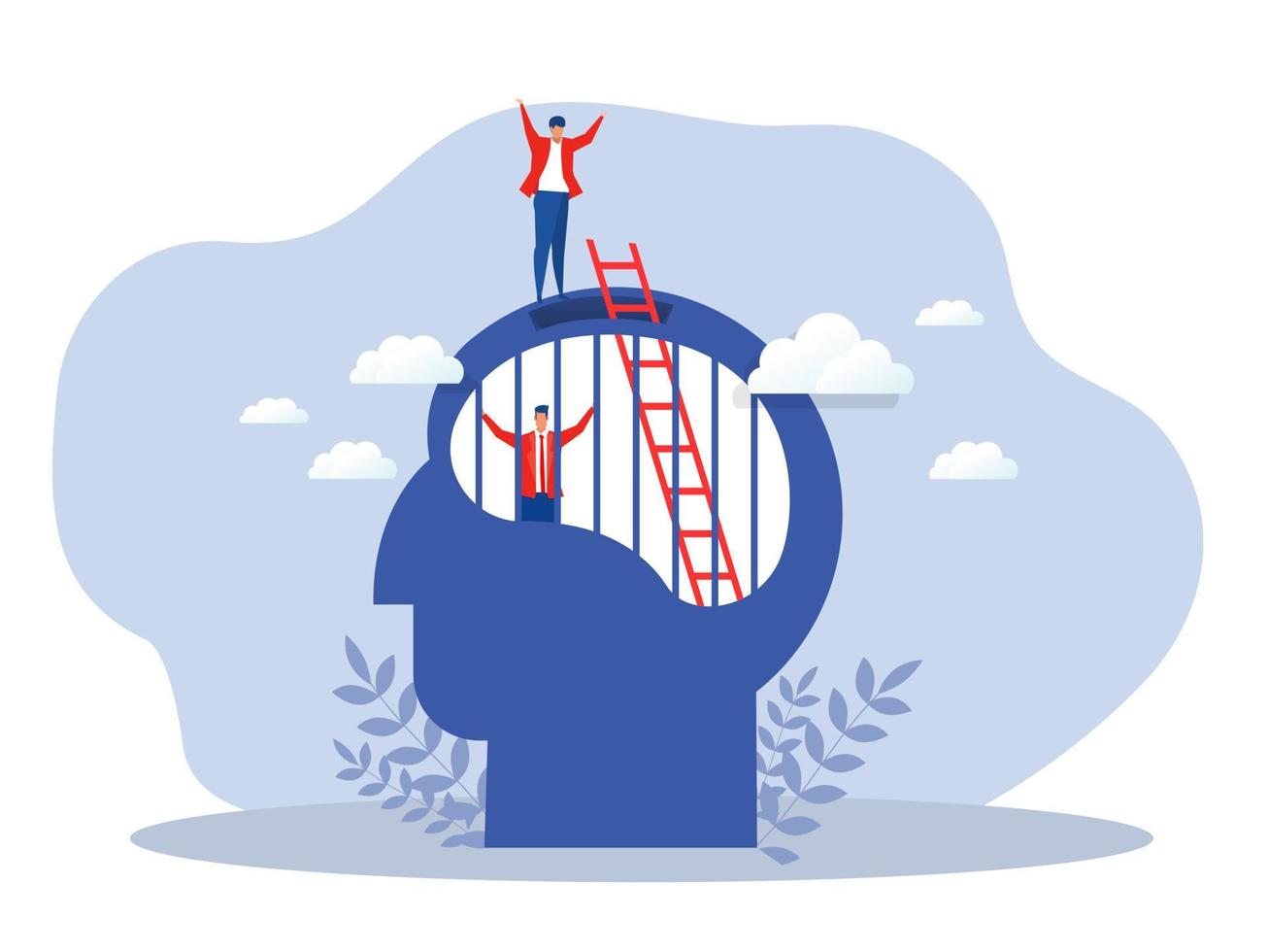 Enslaved business man with lack of creative freedom of thought with growth mindset climbing stair out from brain human vector illustrator