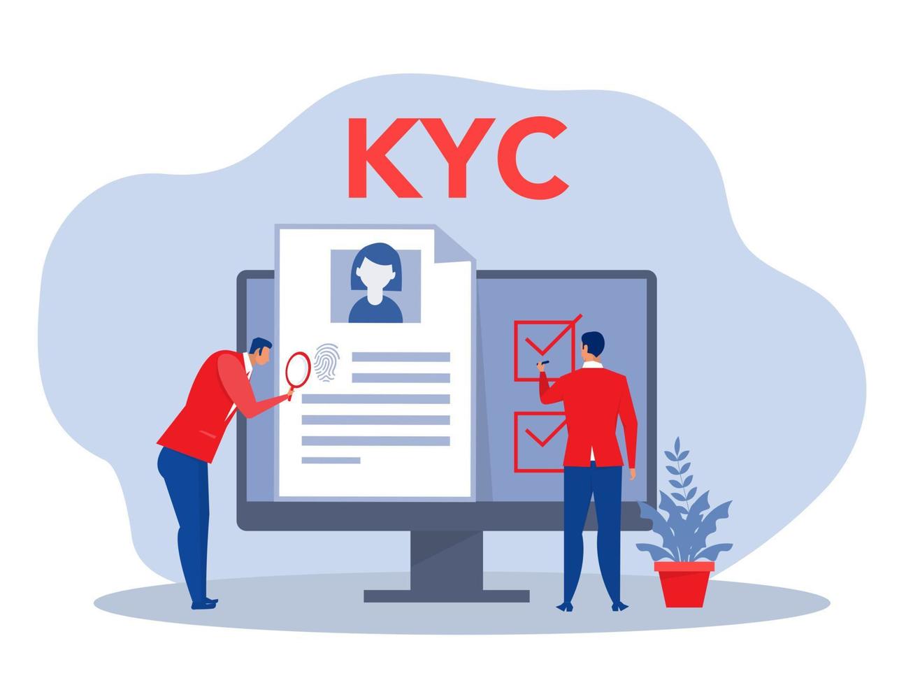 kyc o conozca a su cliente con el negocio verificando la identidad del concepto de sus clientes en los futuros socios a través de un ilustrador de vectores de lupa